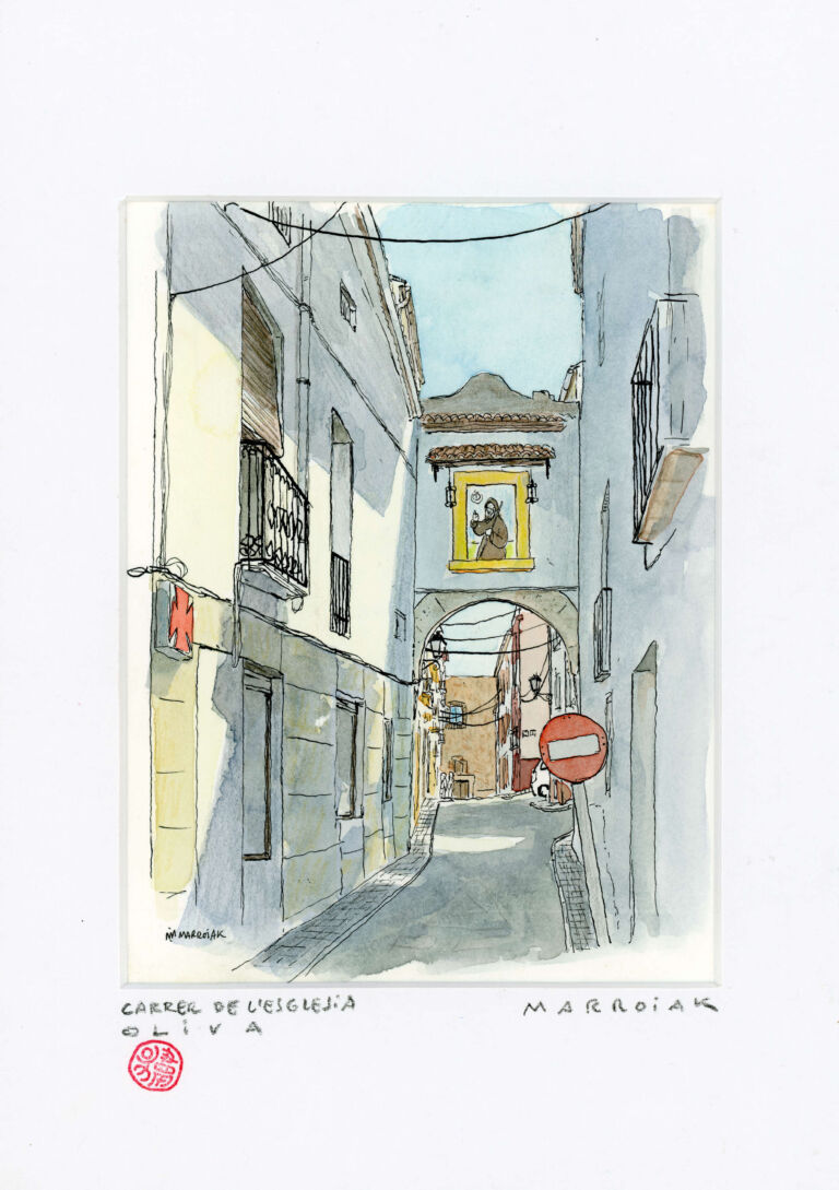 Subasta arte original oliva carrer esglesia acuarela