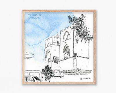 Cuadros de Valencia, ilustración del monumento histórico de las Torres de Serranos. Dibujo en blanco, negro y azul.